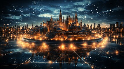 Fototapeta na wymiar Future world digital technology network background with Night city map big data global communication