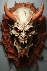 Hyper-Realistic 3D Devil Skull on Wood, Concept art, game and movie design, special effects, illustration, graphic design, tattoo art, and other - obrazy, fototapety, plakaty