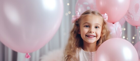 Fototapeta na wymiar A smiling little girl, around 5 years old, stands in a room holding a bunch of colorful helium balloons, likely at a birthday party. The balloons float above her head, creating a cheerful and festive