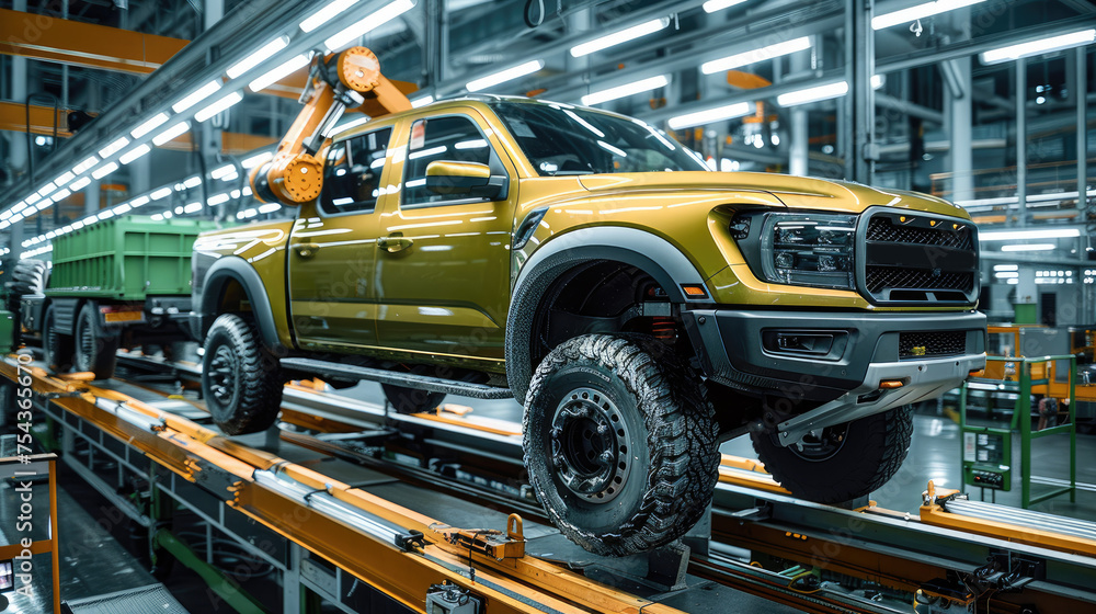 Poster a robot arms is working on a green truck in a car factory. generative ai.