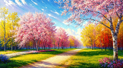 Idyllic spring landscape, beautiful trees with colorful leaves, countryside landscape oil painting on canvas background.