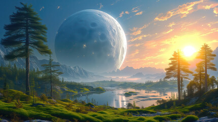 Alien planet landscape with glowing moon and green mosses in the river pool among the trees.