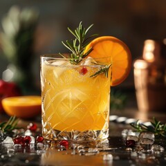 A refreshing citrus cocktail, effervescent with bubbles, garnished with a sprig of rosemary and star anise on a rustic backdrop.