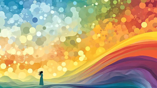 Artistic digital illustration of a solitary woman silhouette against abstract colorful hills that resemble a rainbow under a bubble-like sky.
