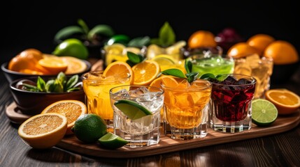 Fresh fruit cocktails and ripe ingredients on the bar counter for mixing delicious drinks