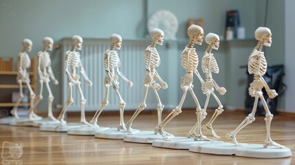 Correct Posture Month. A lineup of miniature skeleton models displaying different postures on a wooden floor, with a blurred background - obrazy, fototapety, plakaty