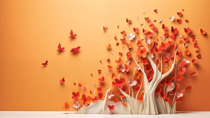 3D paper art depicting trees with red leaves and flying butterflies, evoking the essence of autumn on a warm background.
 - Powered by Adobe