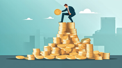 Vector illustration of a determined businessman climbing a mountain of golden coins, symbolizing...