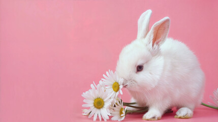 Obraz premium Easter Bunny and Flowers Banner Cover Background with text Space for Greeting or Social media Post. Pascha Fest. Neo Art Cards E V 3 42