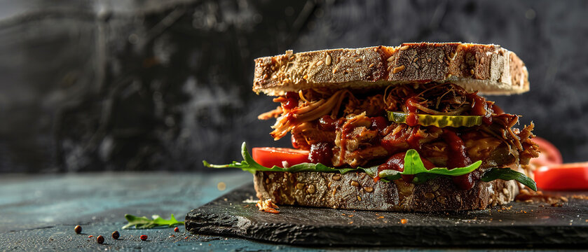 professional food photography: burger with pulled pork, lots of copy space