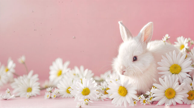 Easter Bunny and Flowers Banner Cover Background with text Space for Greeting or Social media Post. Pascha Fest. Neo Art Cards E V 3 47