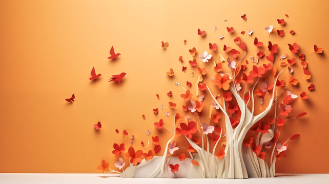3D paper art depicting trees with red leaves and flying butterflies, evoking the essence of autumn on a warm background.
