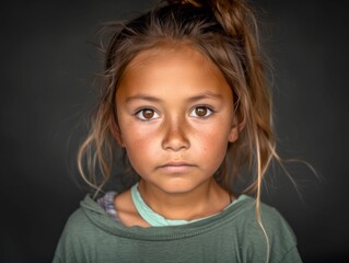 A multiracial young girl with a messy ponytail gazes directly at the camera in a straightforward manner - obrazy, fototapety, plakaty