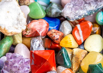 Semi-precious multi-colored stones, minerals close-up. Mineralogy. Collection of minerals.