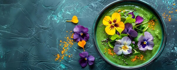 Obraz na płótnie Canvas Vibrant Microgreen Smoothie Bowl with Edible Flowers for a Colorful Presentation. Concept Healthy Eating, Food Photography, Food Styling, Edible Flowers, Microgreen Smoothie Bowl