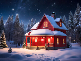 wooden house in the snowy forest