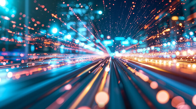 A vivid depiction of data streaming at high speed with a sense of motion, symbolizing advanced digital communication technology.

