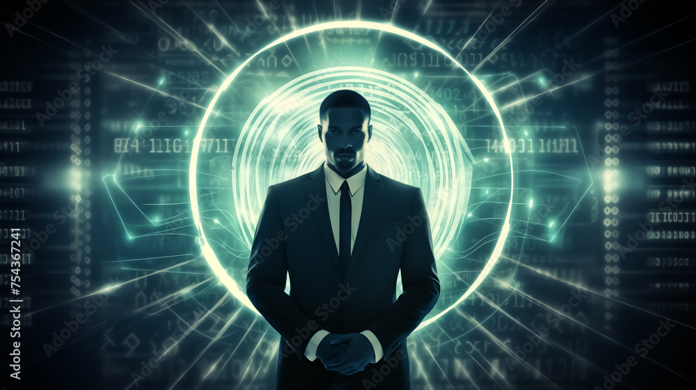 Poster a man in a suit stands confidently engulfed in a circular futuristic technology interface with glowi