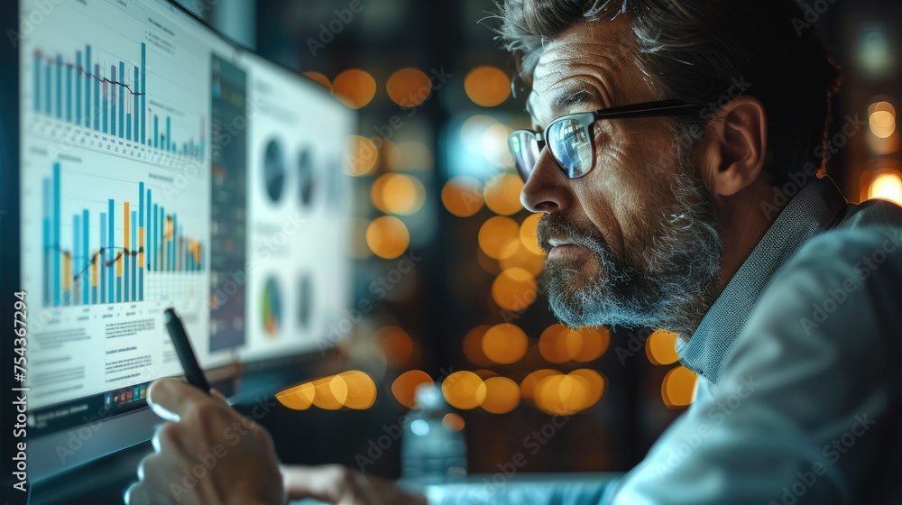 Leinwandbilder Man in glasses working with computer monitor, showing a modern website page. Generative AI.
