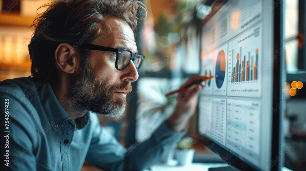 Poster Man in glasses working with computer monitor, showing a modern website page. Generative AI.