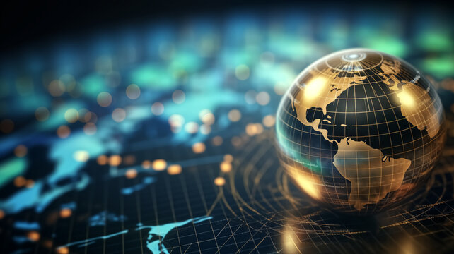 Digital composite image of a glass globe with illuminated network connections, symbolizing global communication and technology.
