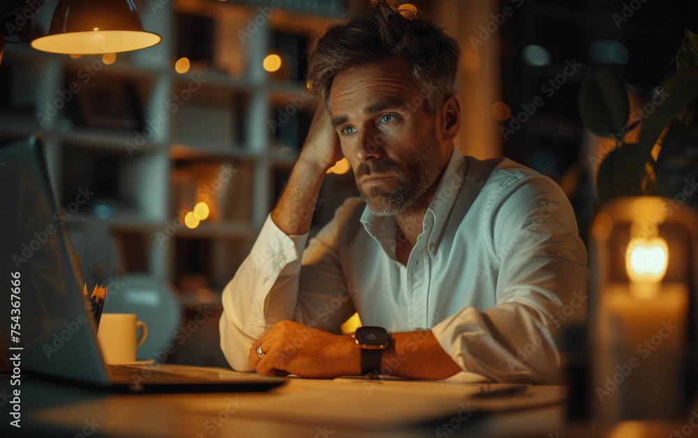 Poster a multiracial man sitting in front of a laptop computer, focusing on the screen while working or stu