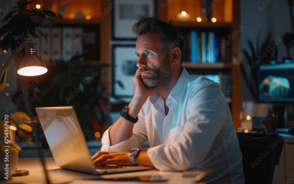 Aufkleber a multiracial man is sitting in front of a laptop computer, focusing on the screen with a serious ex