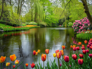Vibrant tulips bloom in lush garden, showcasing the beauty of Keukenhof Gardens in the Netherlands. - obrazy, fototapety, plakaty