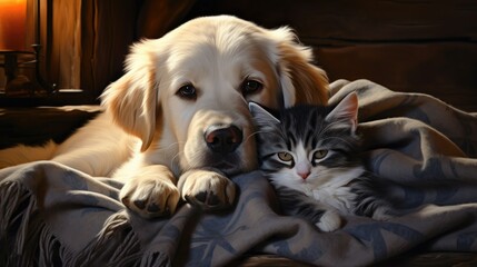 cat and dog sleeping on the couch, generative ai