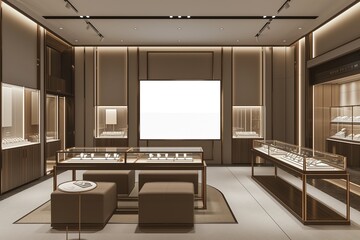 A luxury watchmaker's craft demonstration screen mockup with a blank display, in a prestigious store.