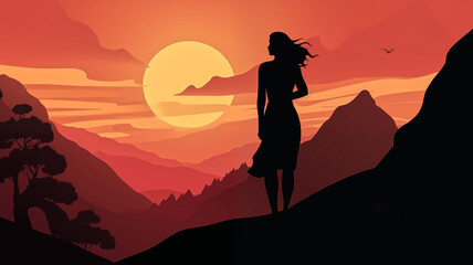 Silhouette of a contemplative woman standing against a scenic sunset backdrop with layers of mountains and a vivid sky.
 - Powered by Adobe