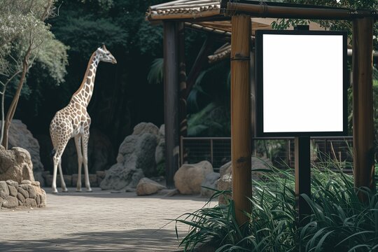 A zoo information display mockup with a blank screen, near animal enclosures.