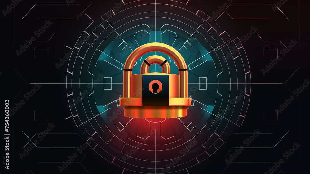 Poster a digital padlock symbolizes cyber security technology with a complex futuristic circuit background.