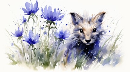 Adorable young fox in beautiful fields of blooming bluebells, charming watercolor illustration