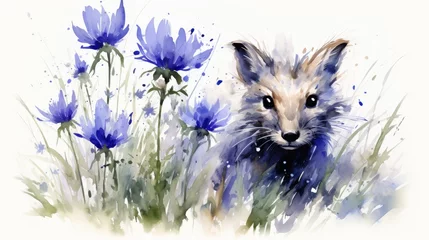 Tuinposter Adorable young fox in beautiful fields of blooming bluebells, charming watercolor illustration © Victor