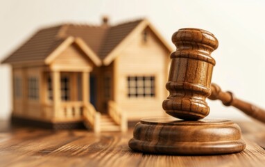 A wooden judges gavel is placed next to a house, symbolizing justice and law in a residential setting - obrazy, fototapety, plakaty