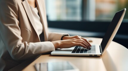 A multiracial woman sitting at a table and working on a laptop computer