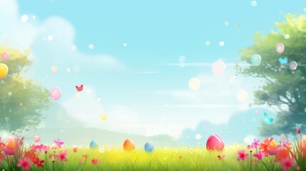 Panoramic view of a green meadow with colorful easter eggs, spring celebration background