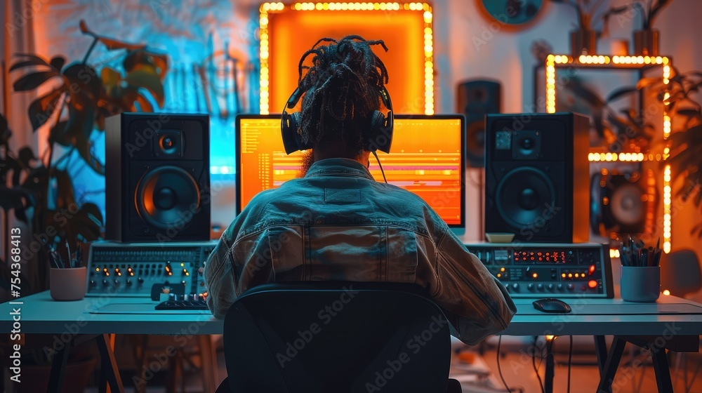 Fototapete artist works in studio computer with orange screen, professional setup. generative ai.