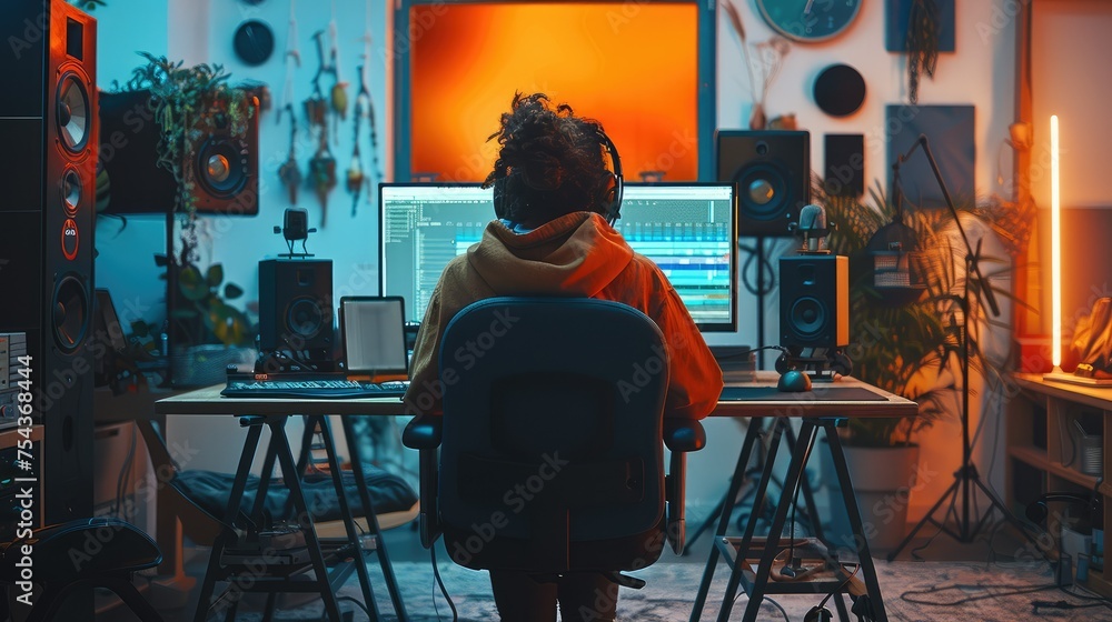 Poster artist works in studio computer with orange screen, professional setup. generative ai.