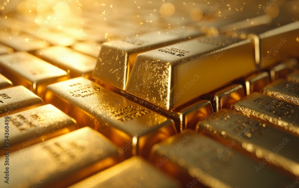Aufkleber close-up view of gold bars placed on a computer keyboard, symbolizing financial transactions and inv