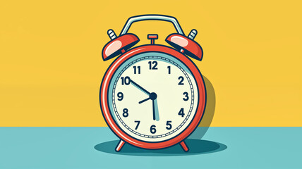 A vintage red alarm clock shows the time against a bright yellow and blue background in a stylized illustration.
