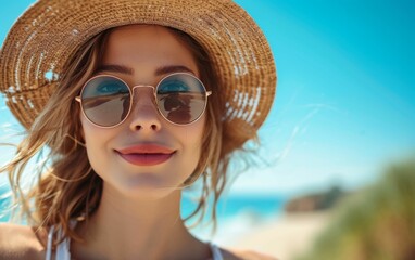 Fototapeta premium A multiracial woman stands wearing a straw hat and sunglasses