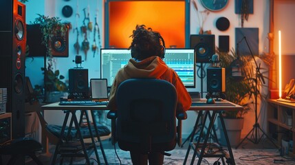Artist works in studio computer with orange screen, professional setup. Generative AI. - obrazy, fototapety, plakaty