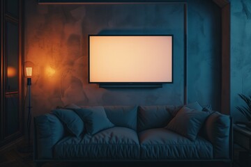 A blank TV screen mockup mounted on a simple wall, with ambient lighting.