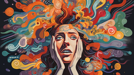 Illustration of a woman with a burst of colorful, psychedelic patterns flowing from her mind,...