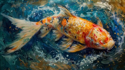 A colorful koi fish glides elegantly through the swirling blue waters, its scales shimmering in a beautiful display of orange and gold.