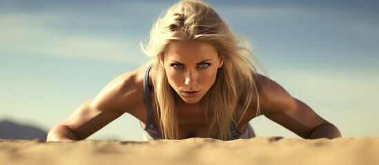 A woman is lying in the sand with her hands on her hips, appearing to take a break or relax. She is in an outdoor sandy environment.