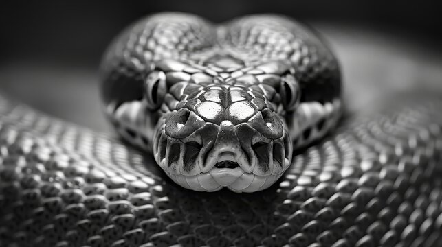 The tension is palpable in this monochrome image of a coiled python, its scales detailed and eyes alert, conveying poised readiness.