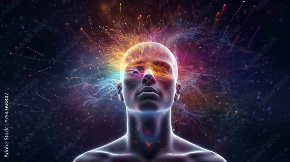 Poster vivid representation of a human head with colorful neural connections symbolizing brain activity, cr
